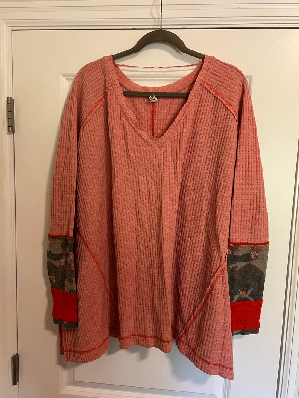 Waffle-Knit Long Sleeve Tunic in Coral with Camo Accents | We The Free